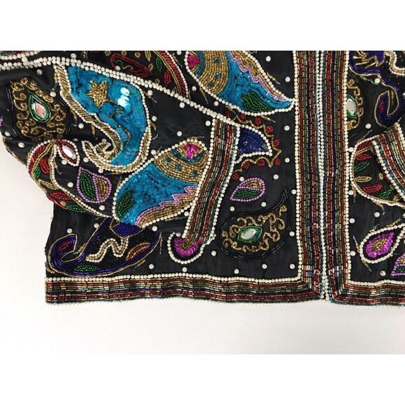 Vintage Frank Usher 70s 80s Black Sequin Beaded Silk Cardigan Jacket - Picture 8 of 13